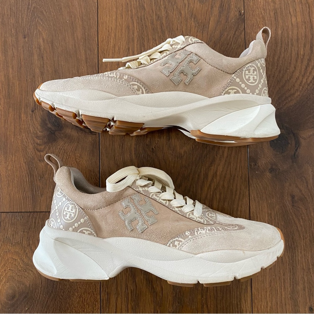 Tory Burch T Monogram Good Luck Trainer Sneakers Beige 8.5 - Picture 10 of 11